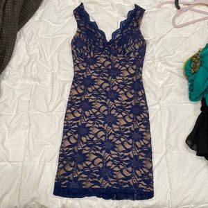 Dark blue lace sparkly stretchy mini dress, size small